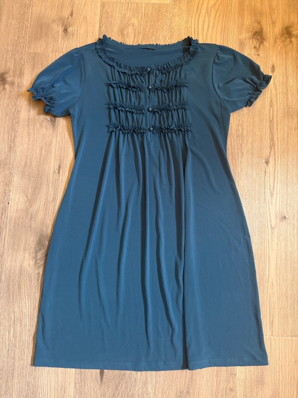 Women's Teal Short-Sleeve Ruffle Front Dress